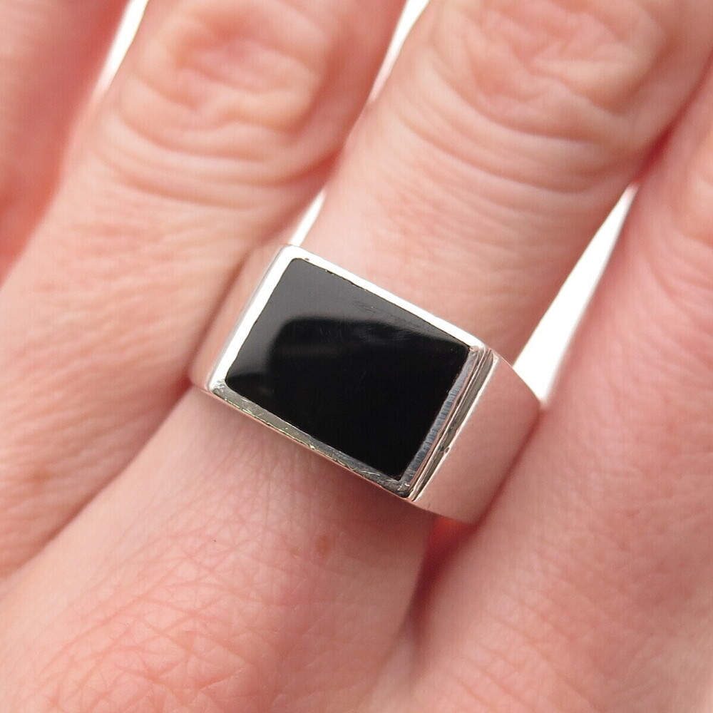 Old Pawn Sterling Silver Vintage Southwestern Black Onyx Signet Ring Size 9.25